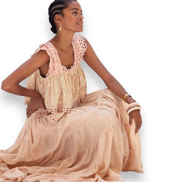 ANTHROPOLOGIE Let Me Be Layered Ruffle Peach Eyelet Swing Top Feminine Blouse - Picture 8 of 16